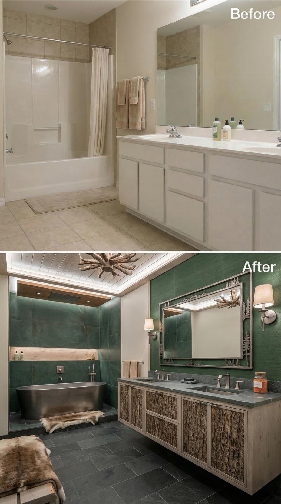 Forest Green Subway Tile and Bark-Textured Vanity Define Organic Luxury