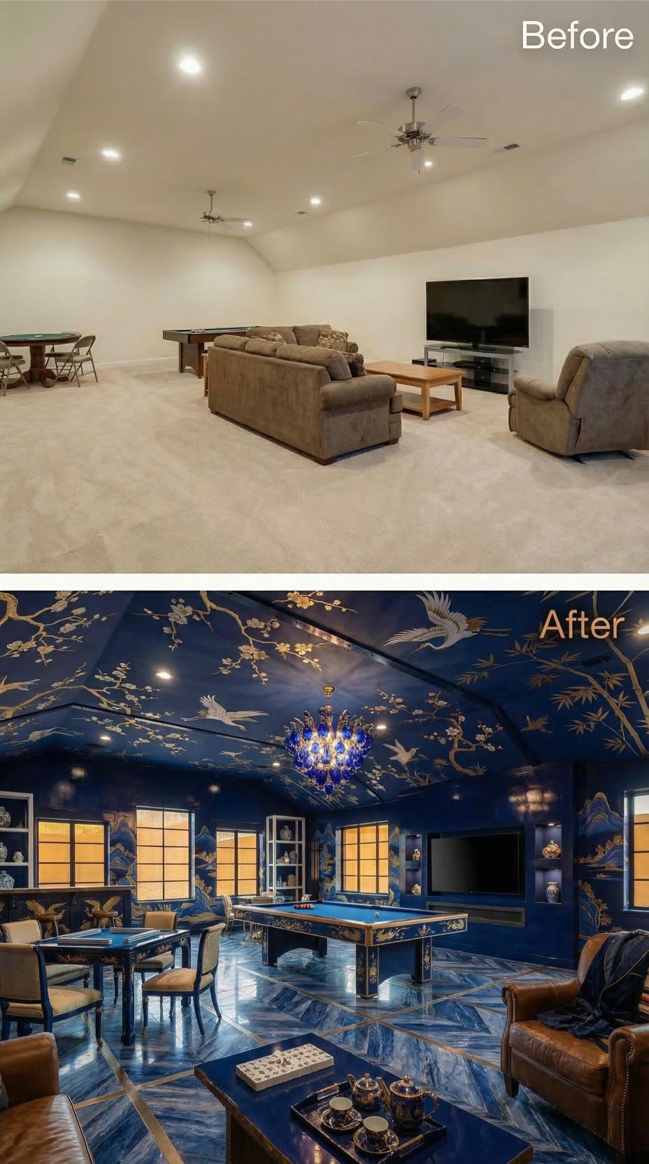 Chinoiserie Opulence in Sapphire Blue with Hand-Painted Cranes and Custom Pool Table