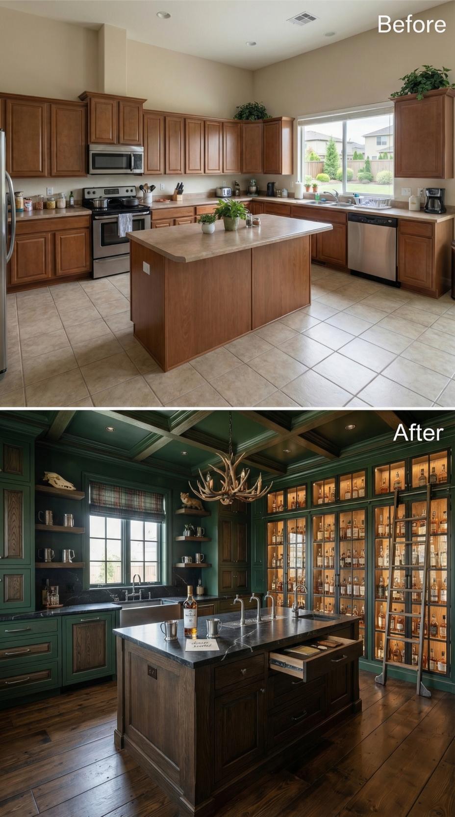 Deep Forest Green Paneling and Lighted Display Cabinets With Antler Chandelier