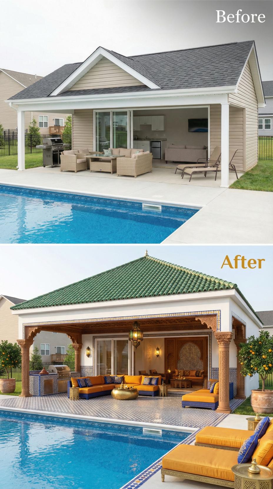 Green Barrel Tile Roof and Moroccan Carved Arches Frame Desert-Luxe Lounge