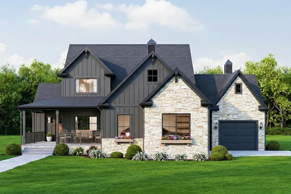 Craftsman 4-Bedroom Farmhouse with Covered Porches and 3-Car Garage (Floor Plan)