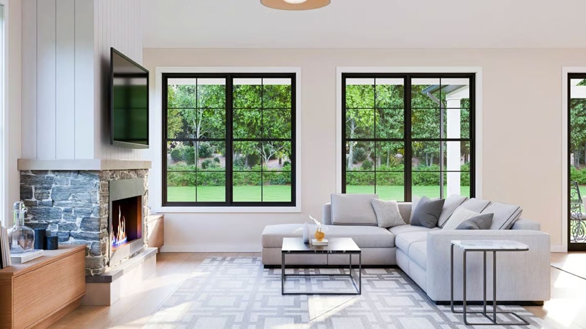 Modern Farmhouse Living Room with Stone Fireplace and Grid Windows