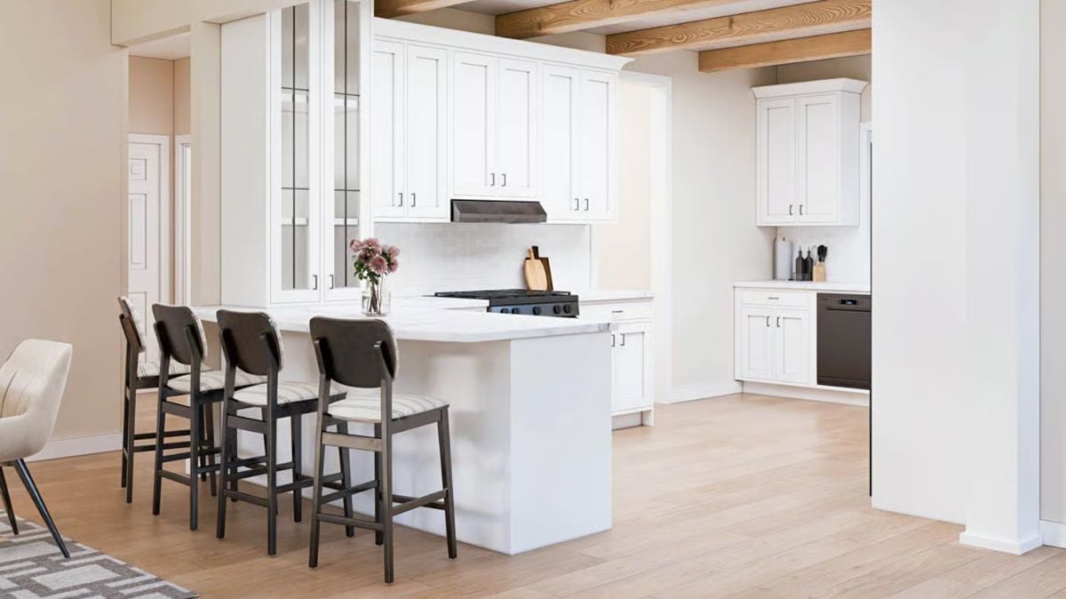 Kitchen with Shaker Cabinets, Wood Beams, and Black Stainless Appliances