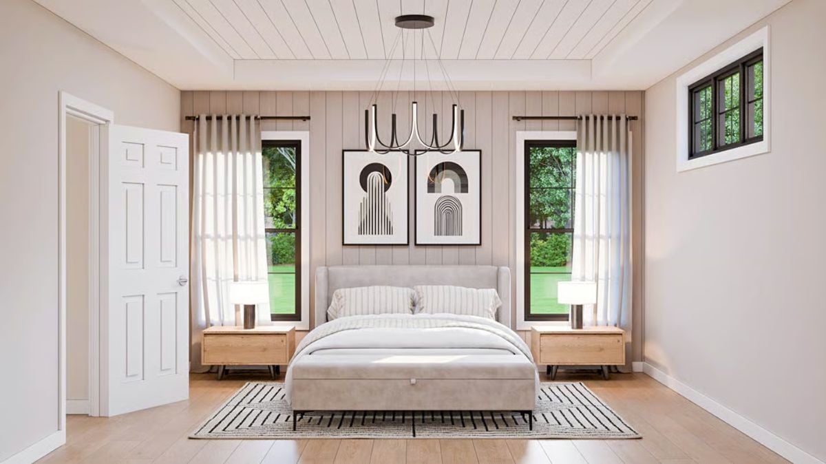Primary Bedroom with Vertical Wood Paneling and Geometric Art Display
