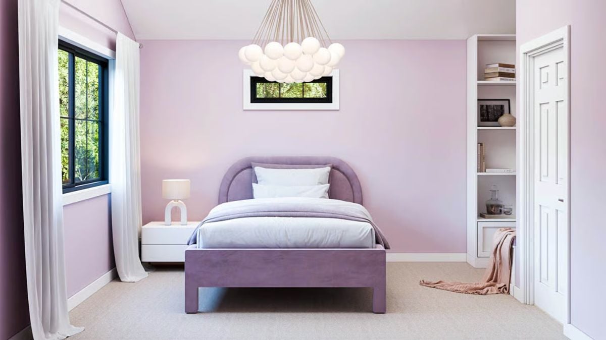 Lavender Bedroom with Purple Upholstered Bed and Cloud Chandelier