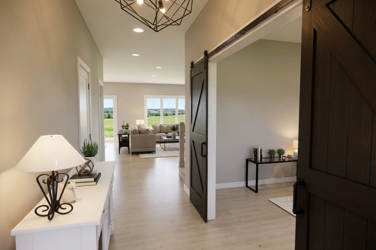 Sliding Barn Door Opens Into a Hallway Built for Farmhouse Living