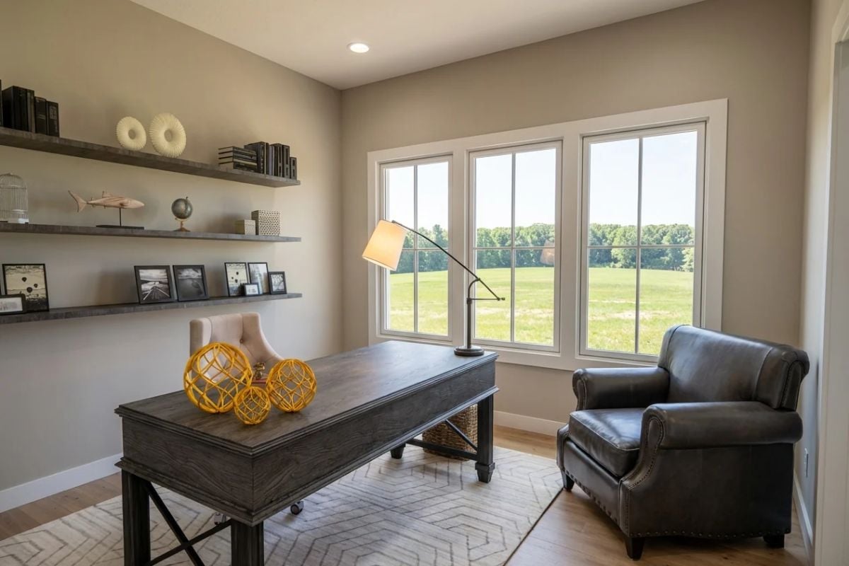 Leather Chair and Barn Wood Desk Frame Views of Open Farmland