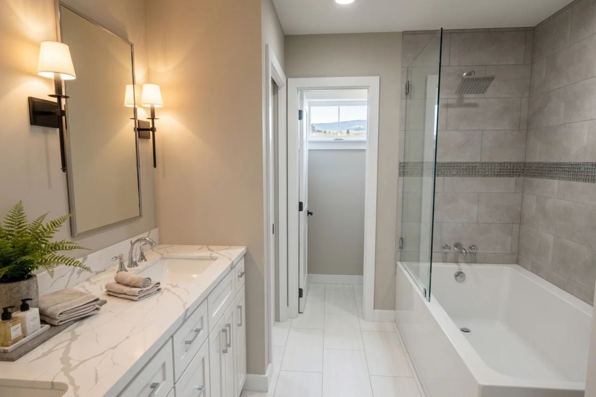 Marble Vanity and Glass-Enclosed Tub Share Space in a Calm, Gray Bathroom