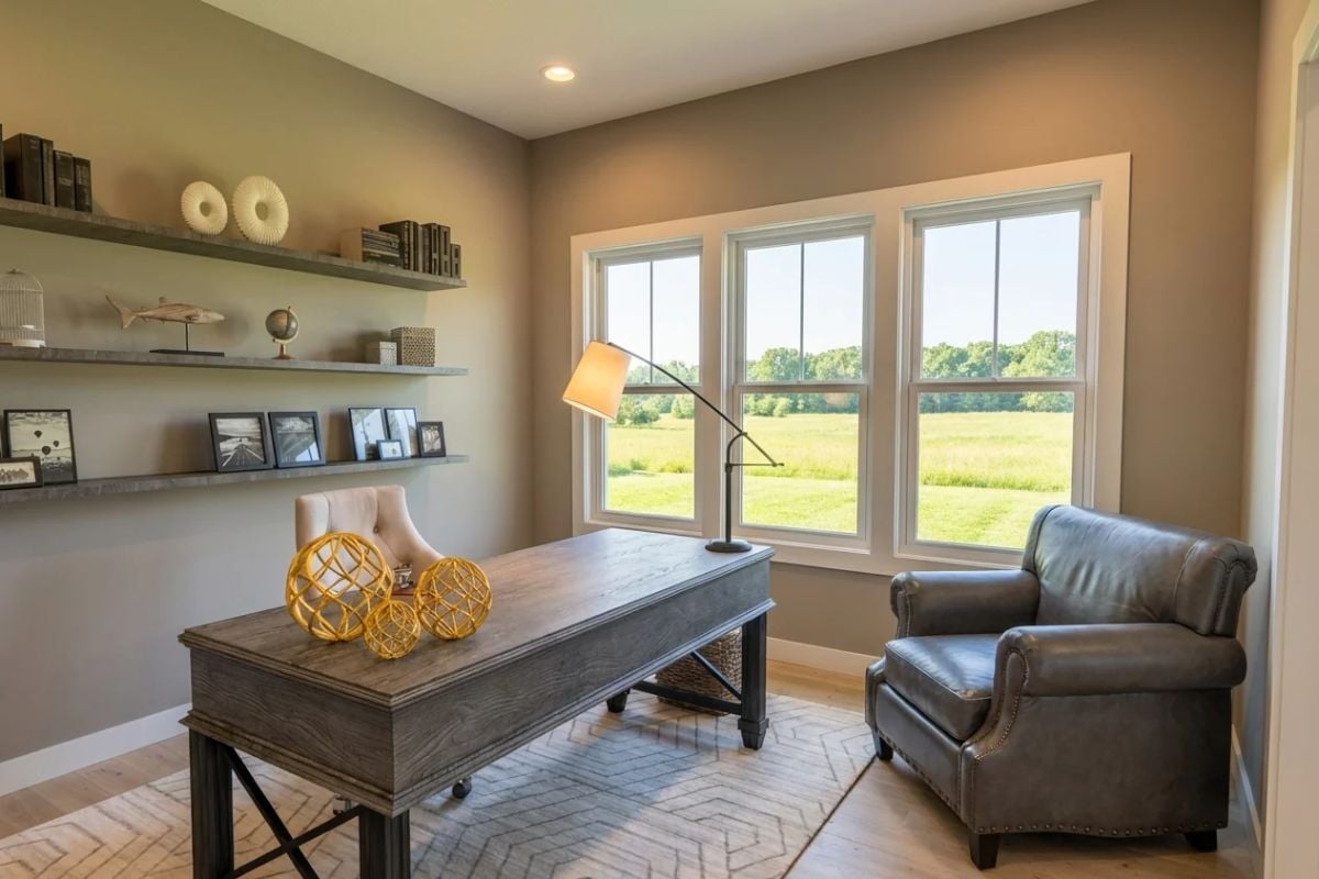 Warm Wood Desk and Leather Chair Define a Home Office With Rural Views