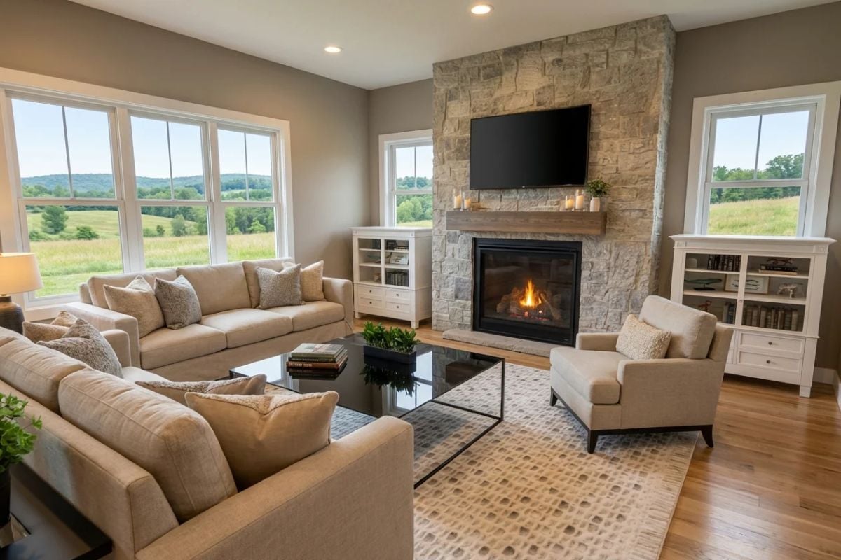 Stone Fireplace and Countryside Views Make This Living Room Hard to Leave