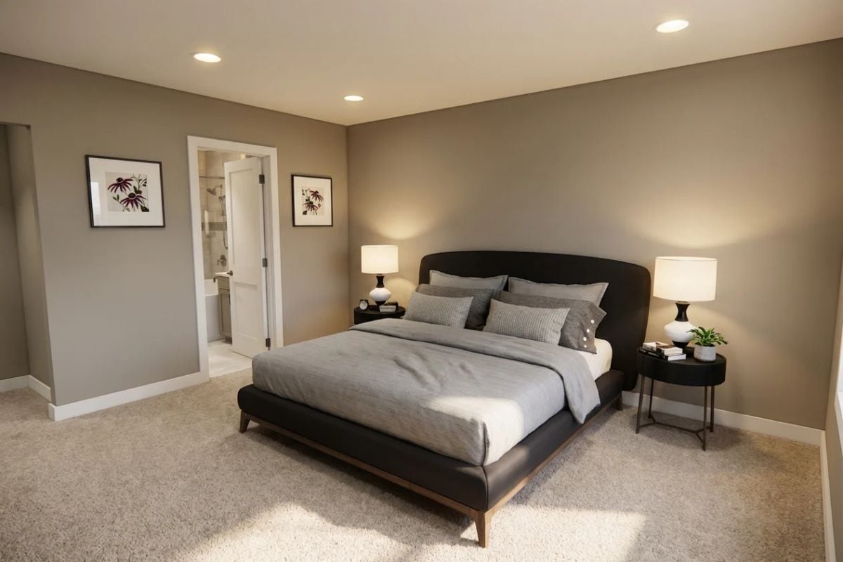 Dark Upholstered Bed and Matching Nightstands Ground a Neutral Primary Suite