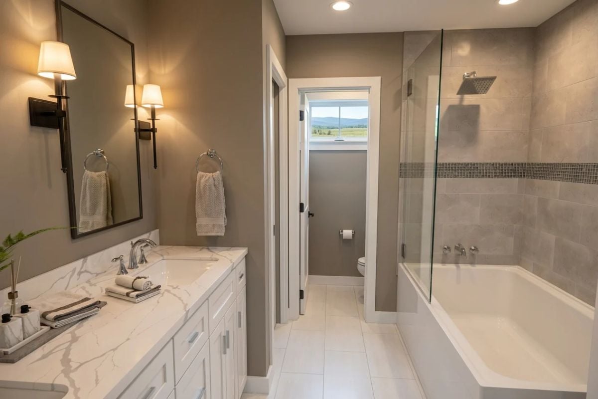 Marble Vanity and Glass-Enclosed Tub Bring Calm to a Primary Bathroom