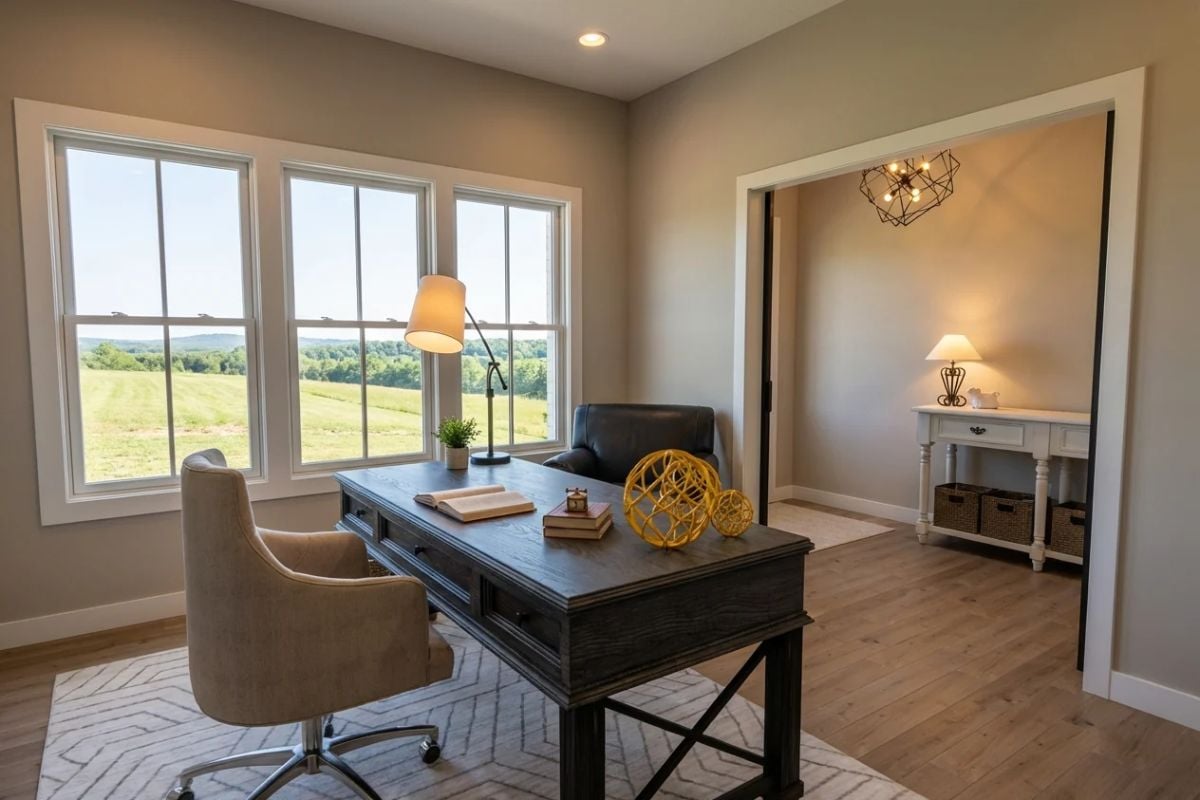Dark Wood Desk Anchors a Home Office with Views Over Open Fields