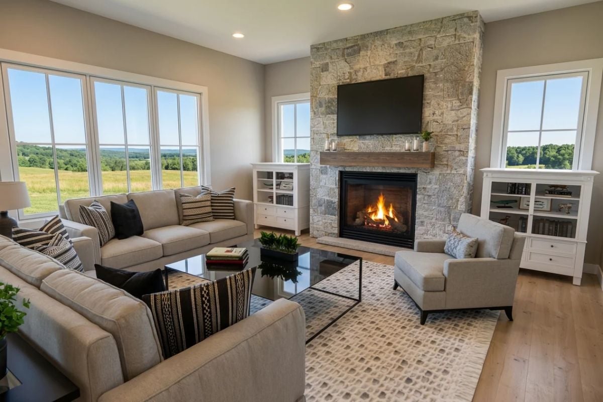 Stone Fireplace Wall Draws the Eye in a Light-Filled Farmhouse Living Room