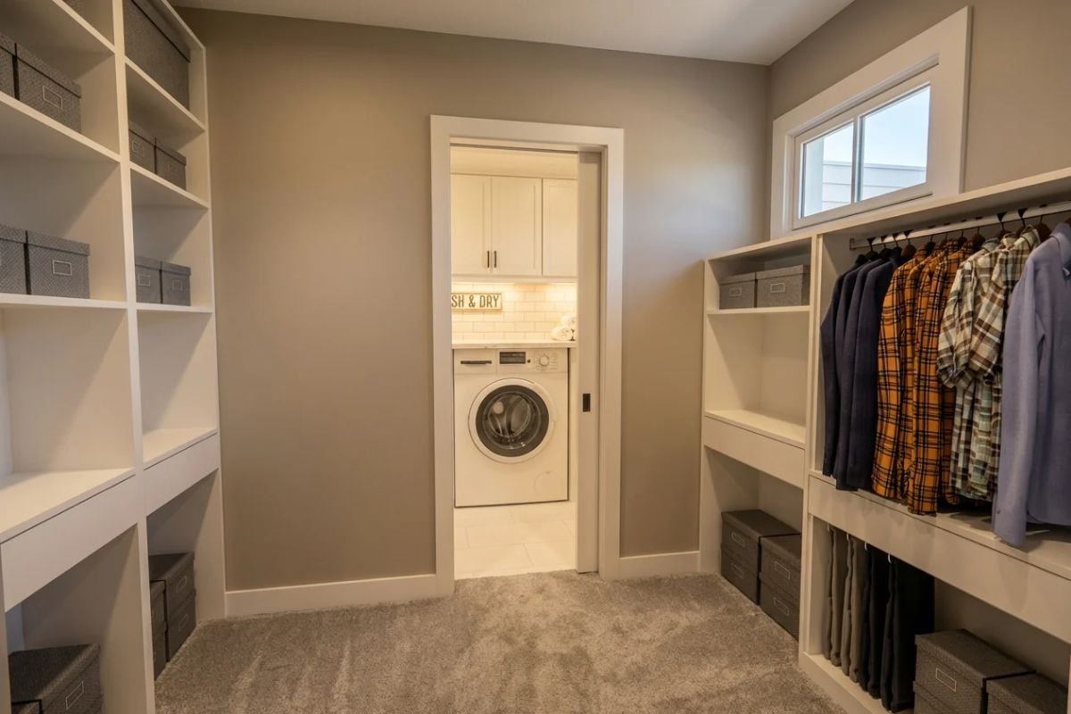 Closet Meets Laundry Room Through a Pocket Door Built Into the Back Wall