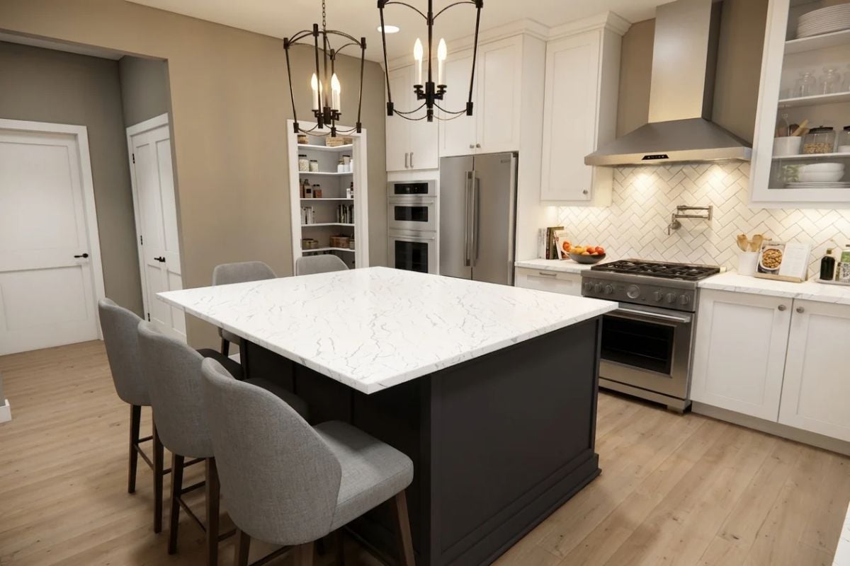 Marble-Top Island Commands a Dark-Base Kitchen Built for Serious Cooking