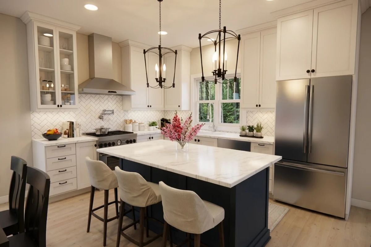 Navy Island Base and Marble Countertop Set the Tone in This Kitchen