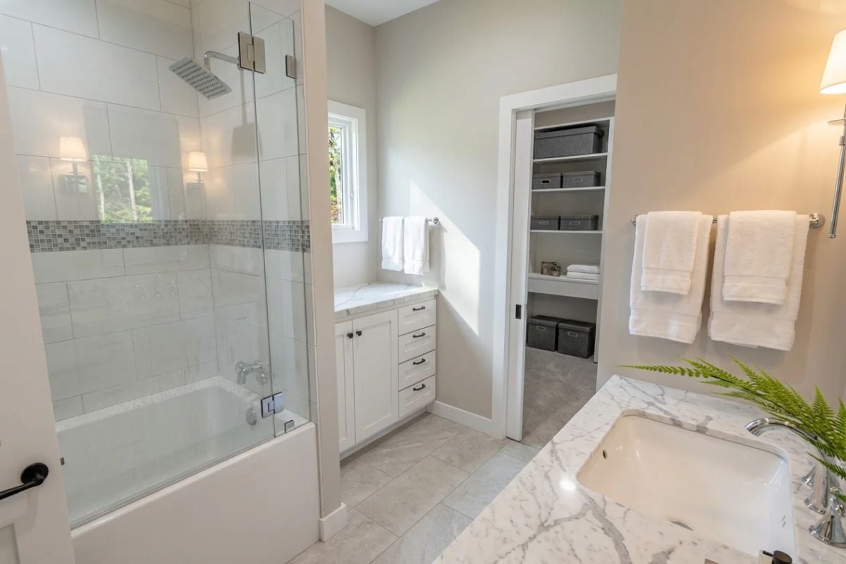 Marble Countertops and Glass Shower Doors Shape a Primary Bath Worth Lingering In