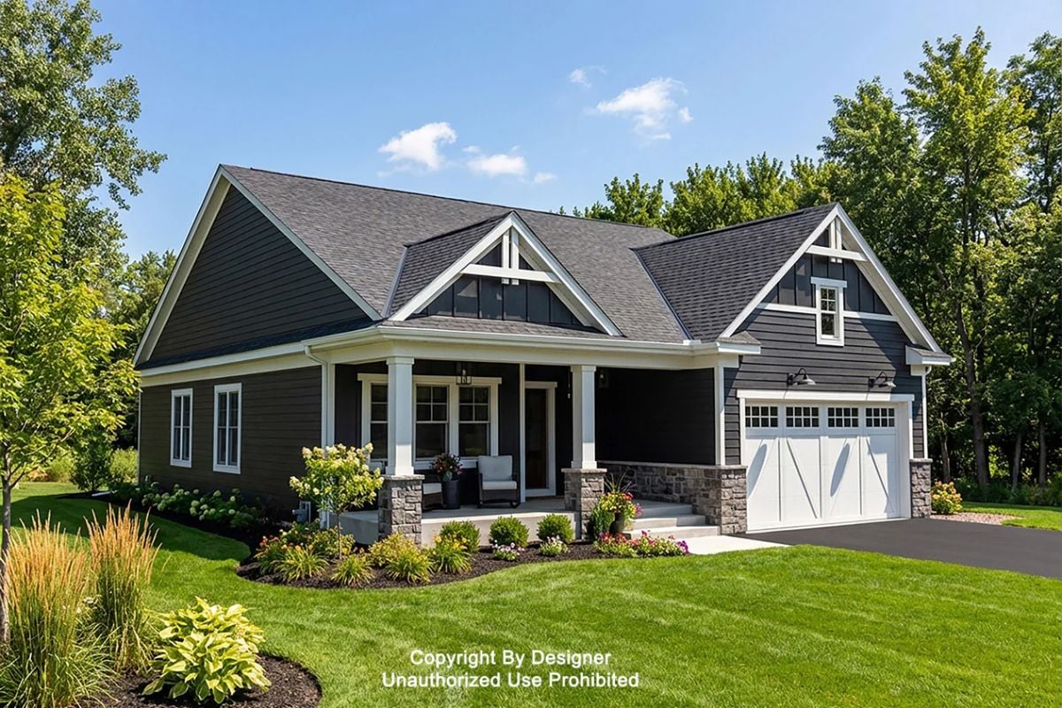 Dark Siding and Stone Accents Define This Craftsman Ranch Exterior