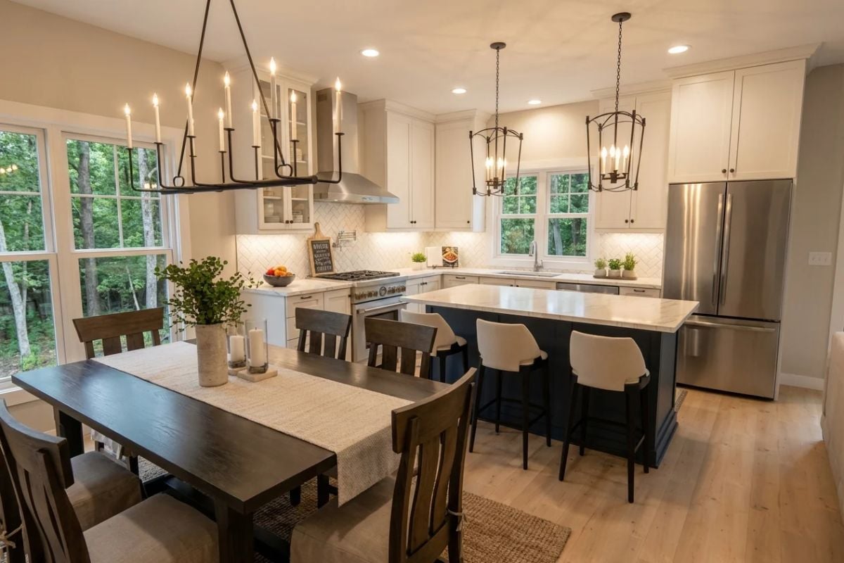 Candle-Style Chandeliers Warm an Open Kitchen and Dining Space