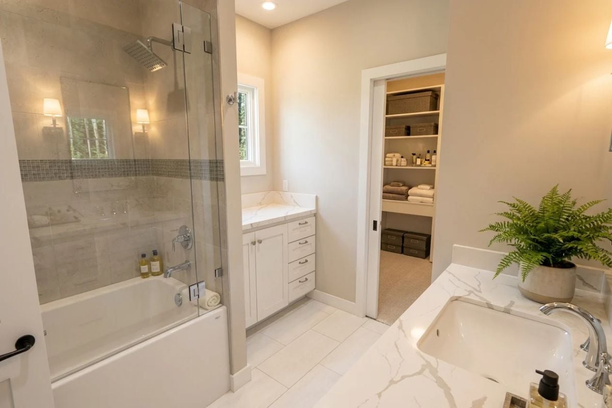 Marble Countertops and Glass-Enclosed Tub Define a Spa-Like Master Bath