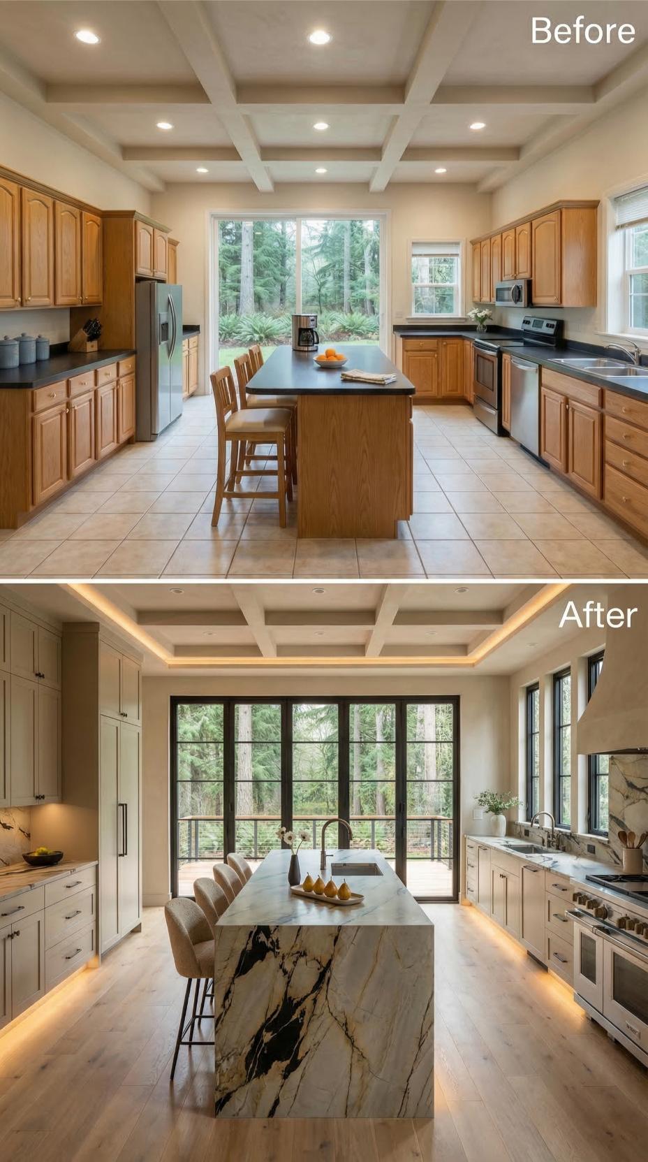 Honey Oak Cabinets Give Way to Quiet Cream and Dramatic Black Frames