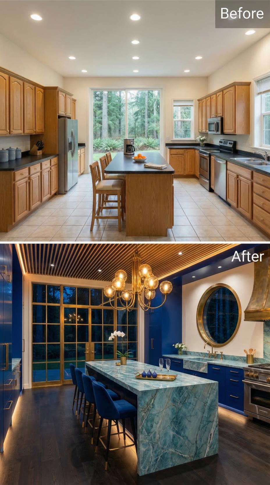 Bold Navy Cabinetry and Waterfall Marble Replace Oak Tradition