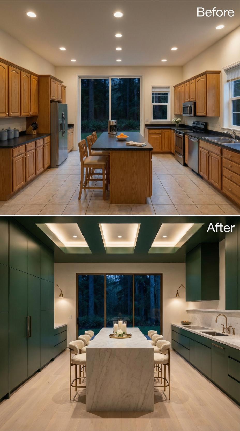 Forest Green Slab Cabinets and Recessed Ceiling Panels Erase Oak Nostalgia