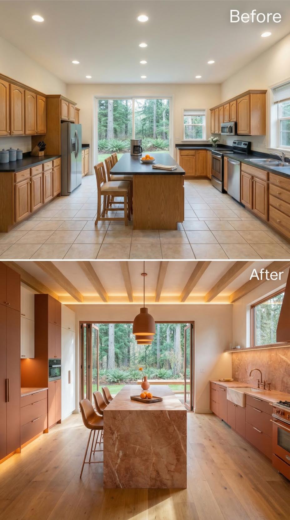 Exposed Beams and Stone Island Replace Recessed Lighting Monotony