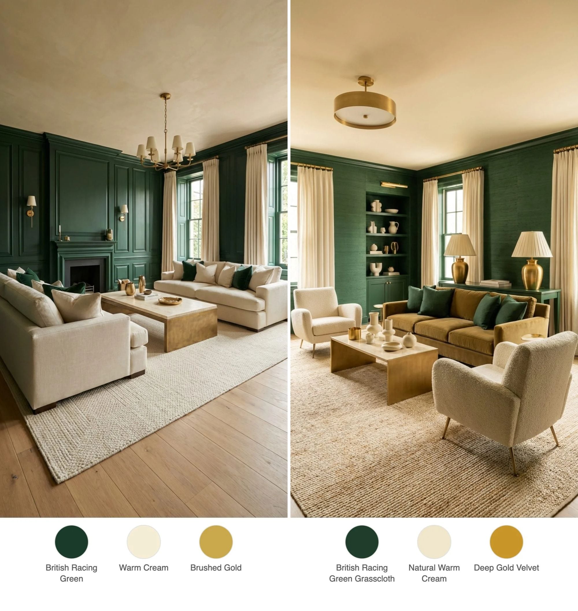 Is a British Racing Green + Warm Cream + Brushed Gold Color Scheme Good for Living Rooms? You Be the Judge — Here Are 41 Examples