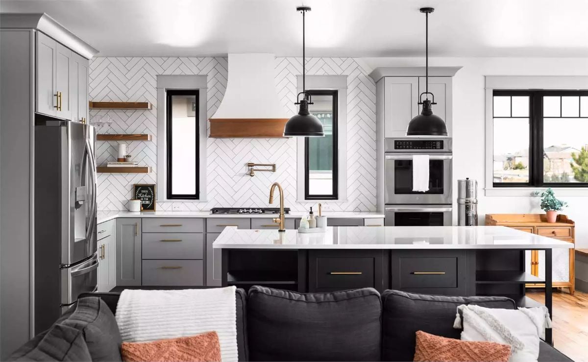Herringbone Tile, Black Pendants, and a Kitchen Island Built for Two