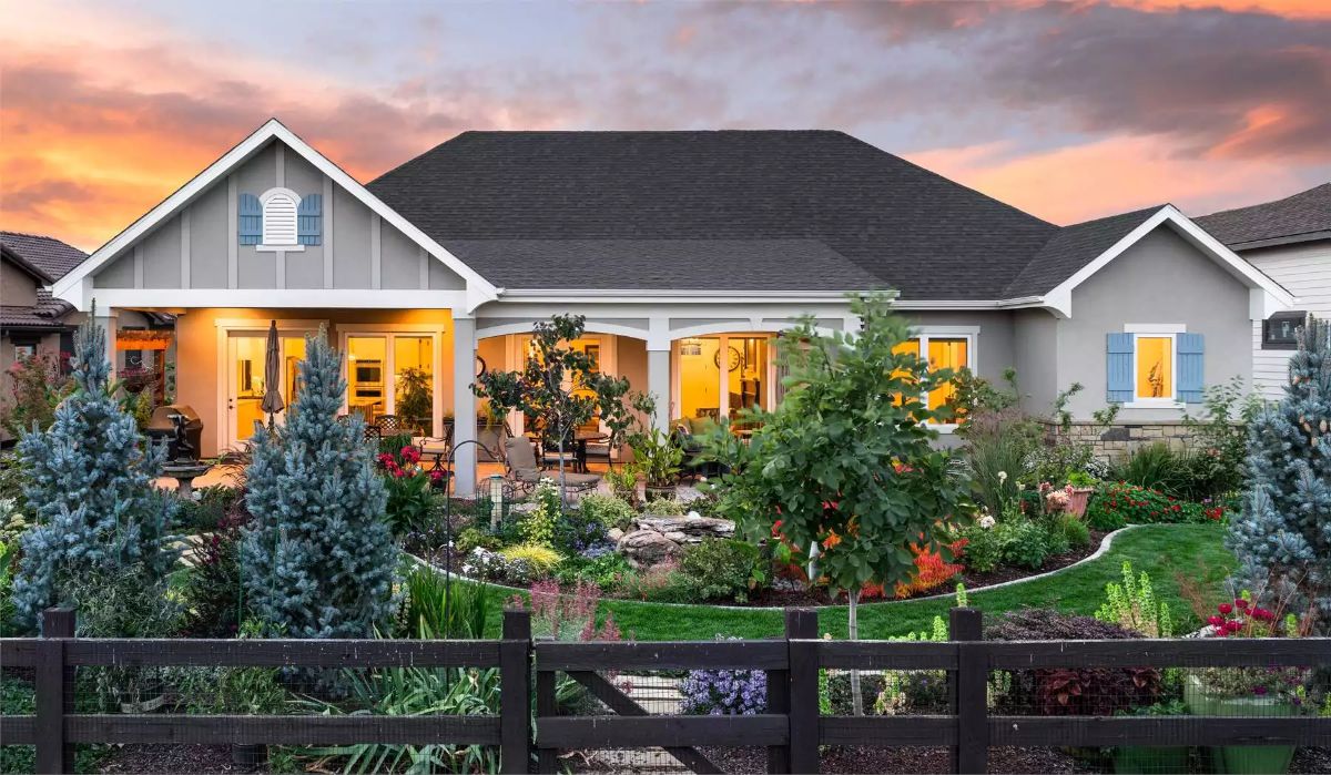 Covered Patio and Garden Beds Glow at Golden Hour