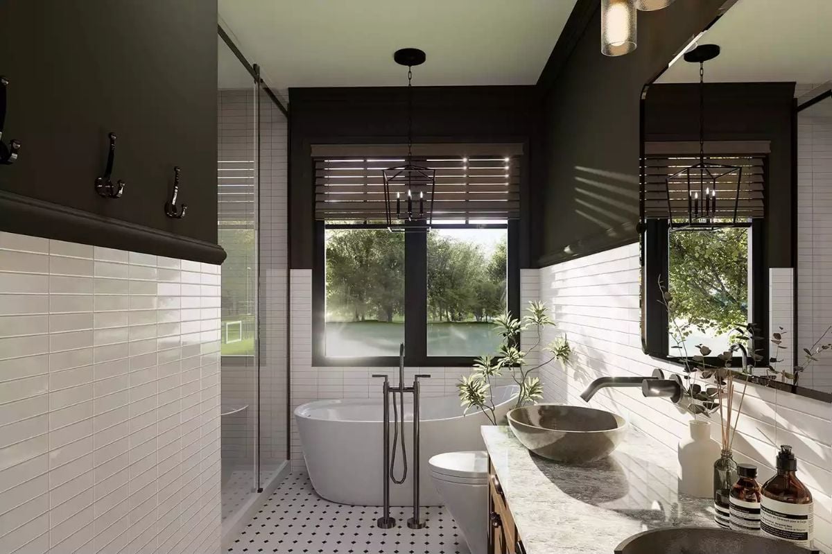 Vessel Sink and Freestanding Tub Bring Contrast to a Black-and-White Bathroom