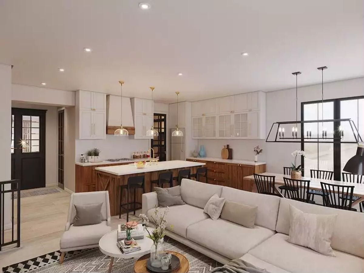 Combined Living and Dining Area with Walnut Kitchen Island