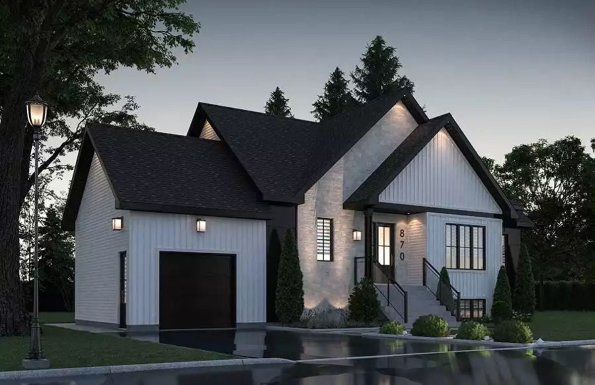 Evening Arrival at a Modern Farmhouse with Vertical Siding and Black Trim