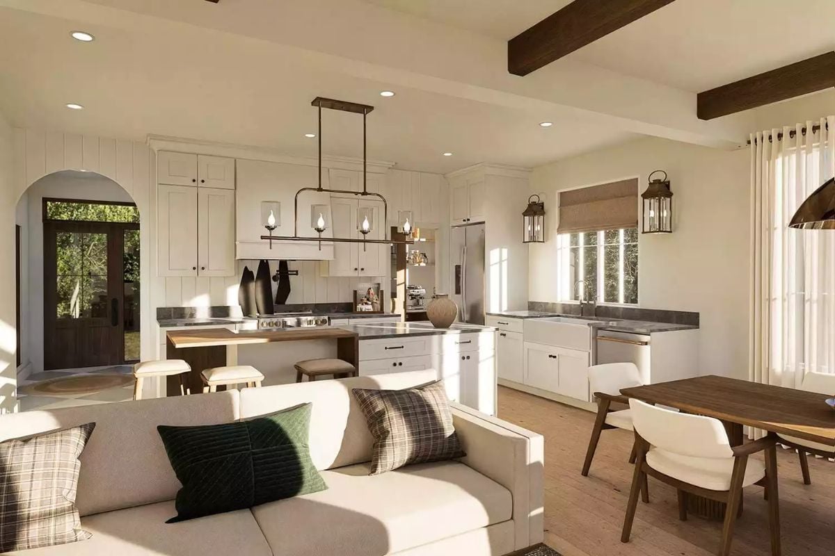 Open Living Space with Plaid Accents and Modern Farmhouse Finishes