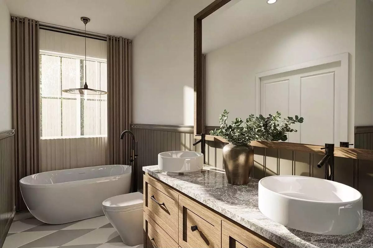 Spa-Inspired Primary Bath with Freestanding Tub and Vessel Sinks