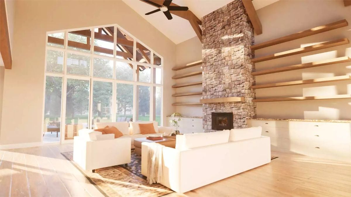 Vaulted Great Room with Stone Fireplace and Floating Wood Shelves