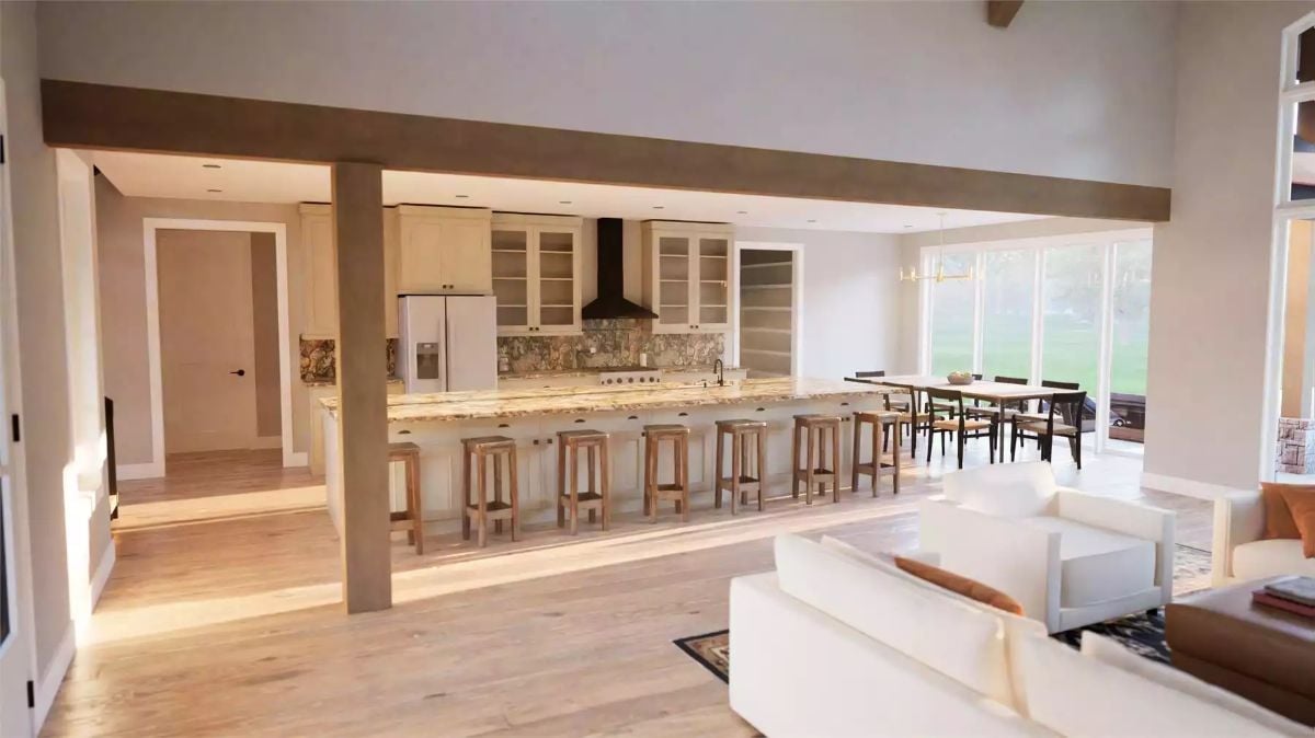 Open-Plan Kitchen with Marble Island and Wooden Bar Stools
