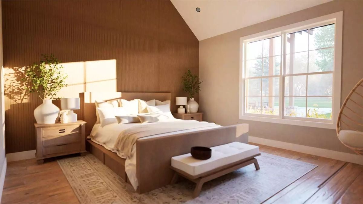 Primary Bedroom with Vaulted Ceiling and Textured Wood Accent Wall