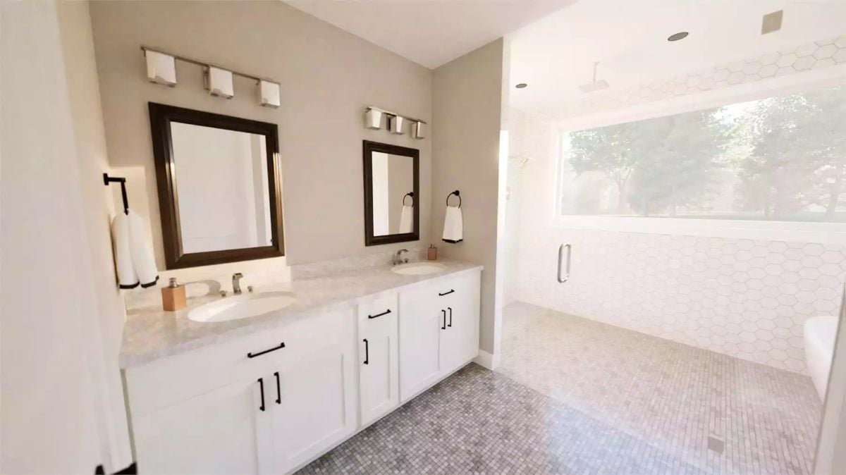 Primary Bathroom with Dual Vanities and Marble Mosaic Floor