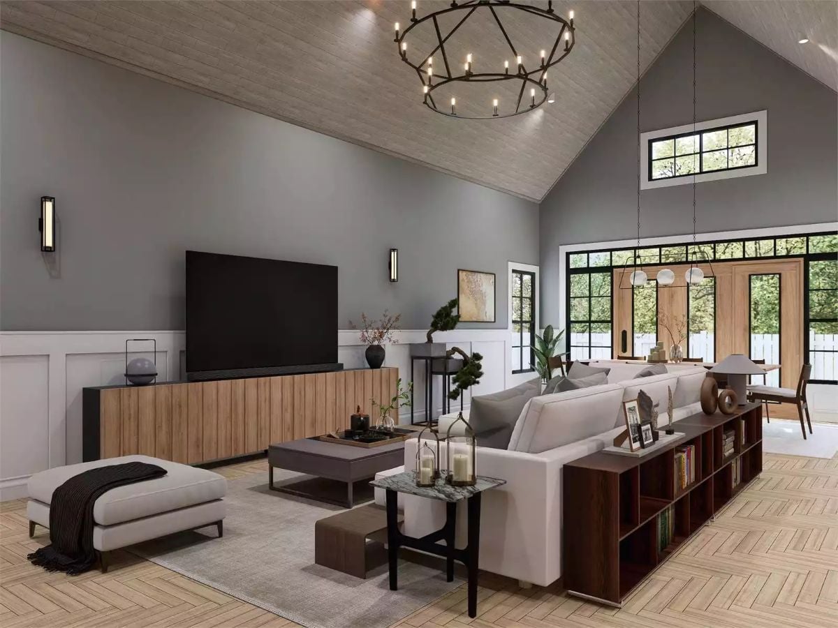 Vaulted Ceilings and Warm Wood Tones Define This Farmhouse Great Room