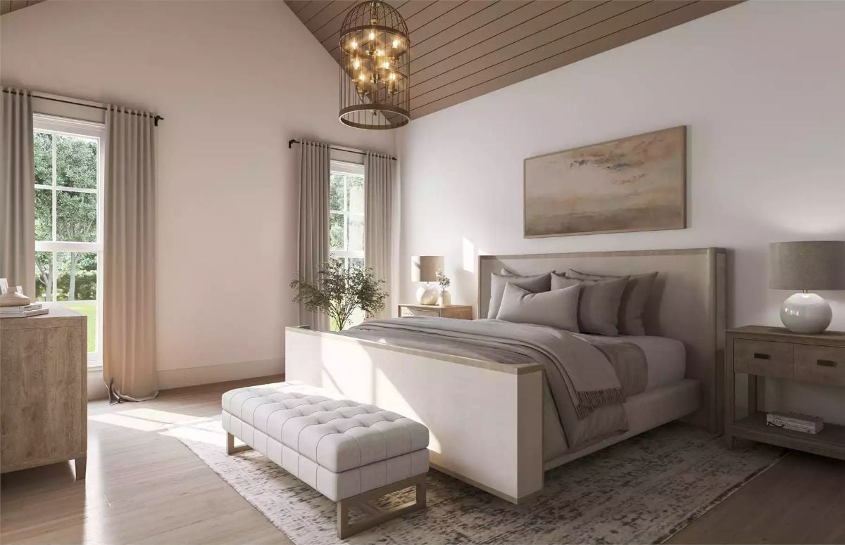 Vaulted Ceilings and a Cage Chandelier Set the Mood in This Master Suite