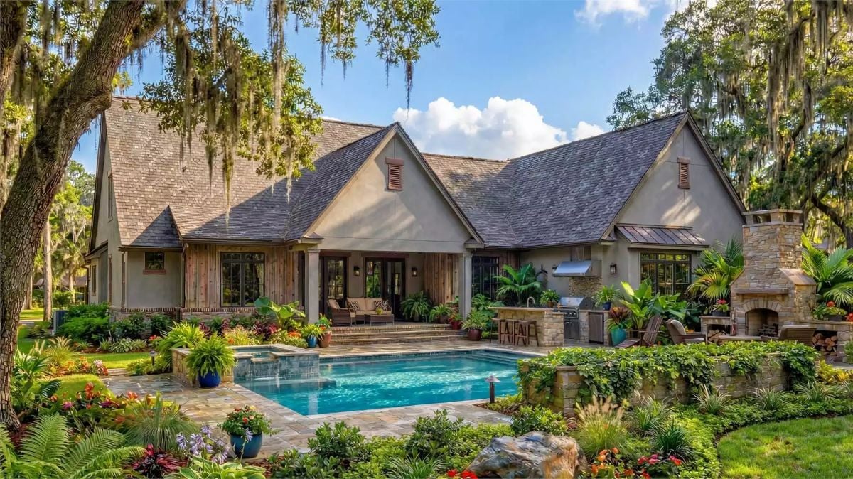 Covered Patio, Stone Fireplace, and Pool Create an Outdoor Living Room Worth Lingering In