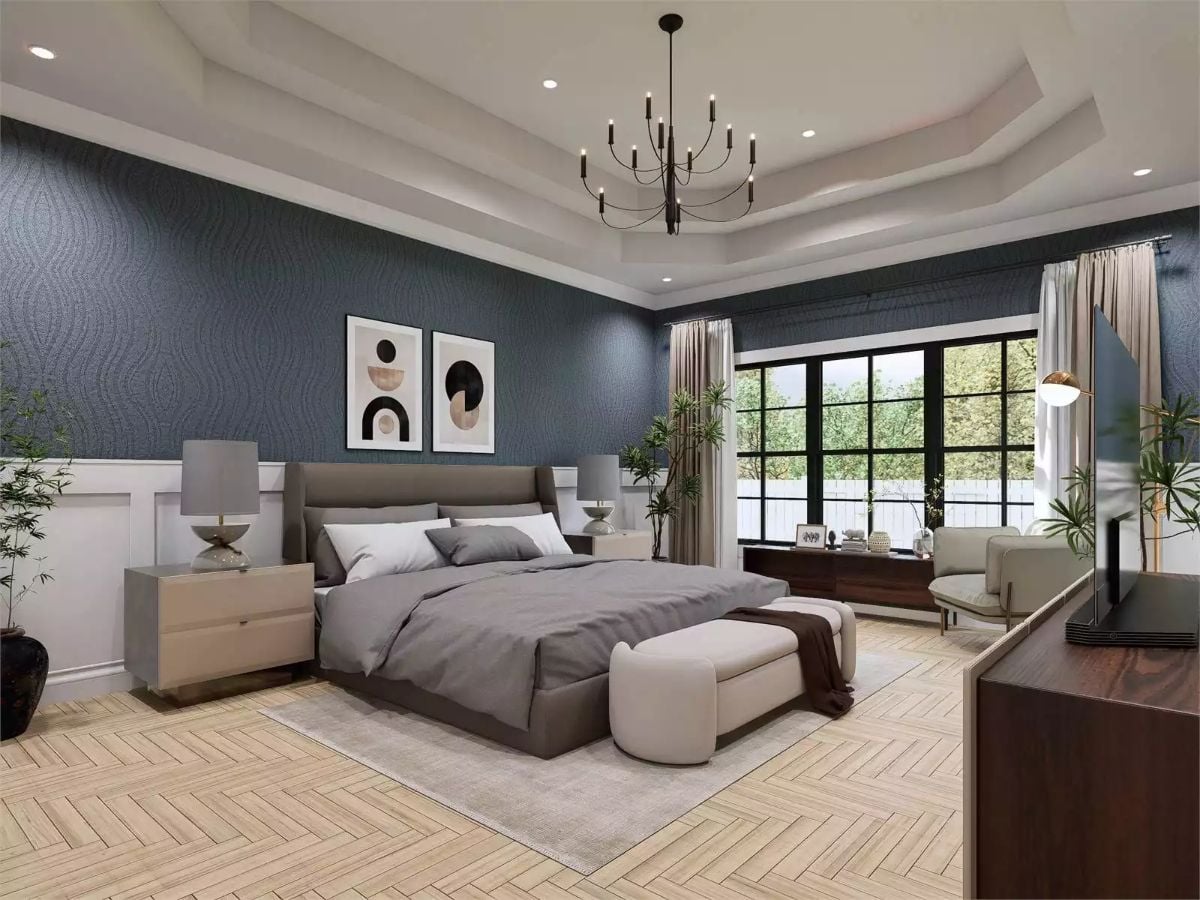 Herringbone Floor and Blue Wallcovering Shape This Transitional Master Bedroom