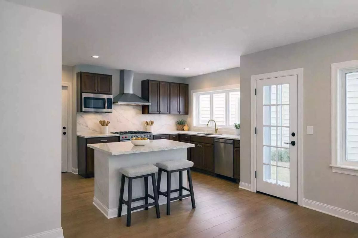 Kitchen with Dark Wood Cabinetry and White Marble Backsplash