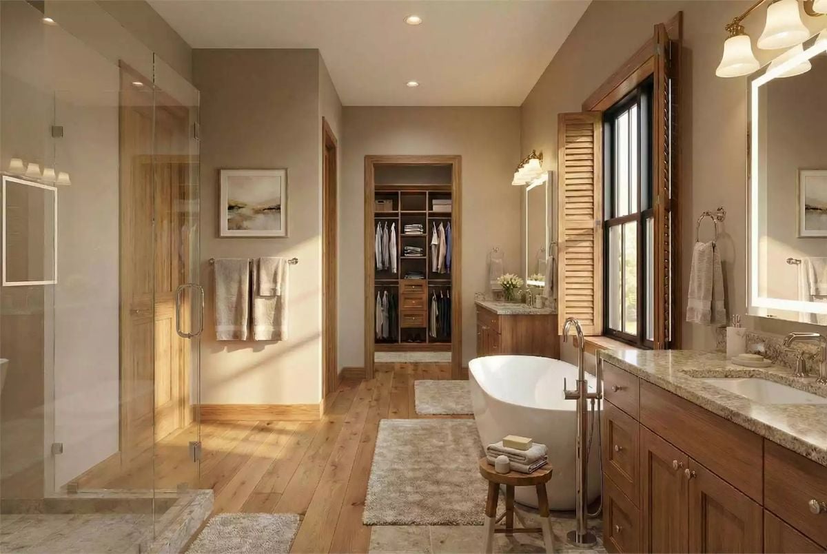 Freestanding Tub and Glass Shower Bring Spa Calm to a Wood-Toned Bath