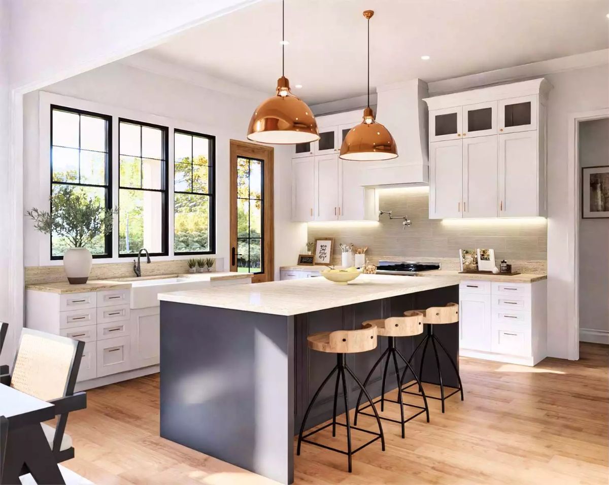 Modern Farmhouse Kitchen with Copper Pendant Lights and Charcoal Island