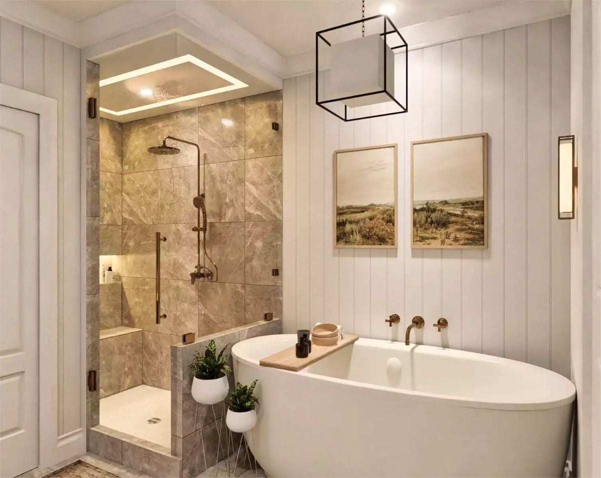 Spa-Style Bathroom with Freestanding Tub and Glass-Enclosed Shower