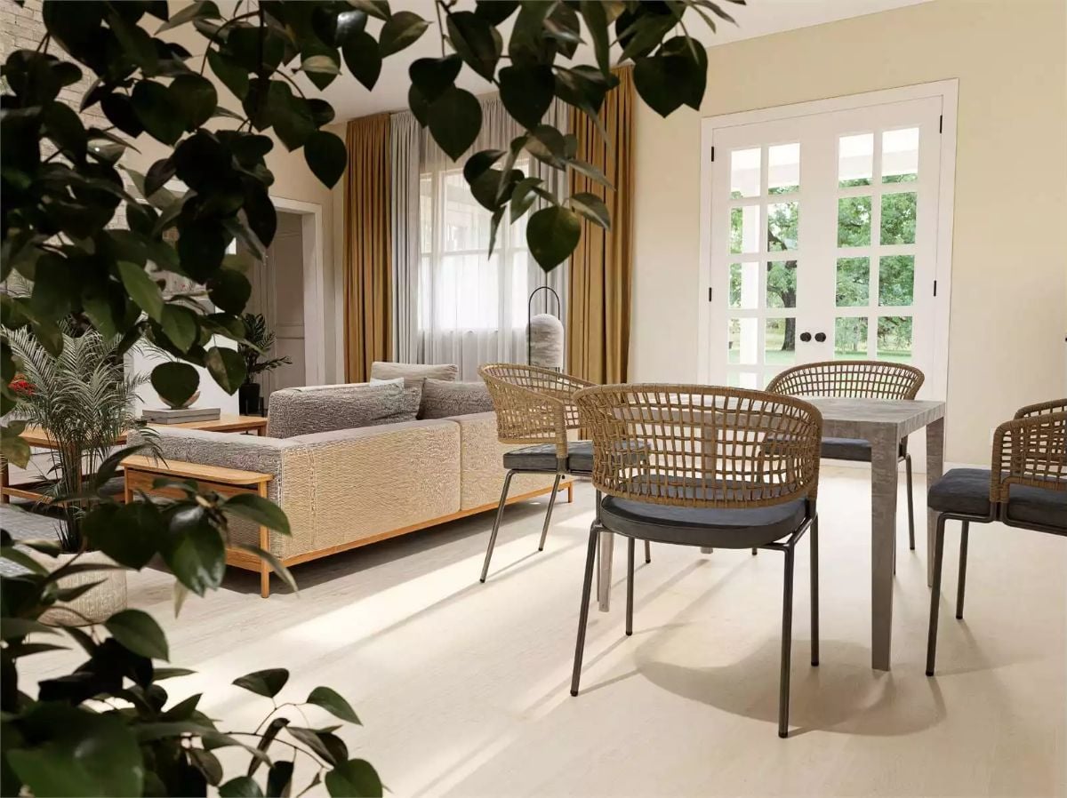 Open Living and Dining Space with Woven Chairs and Natural Textures